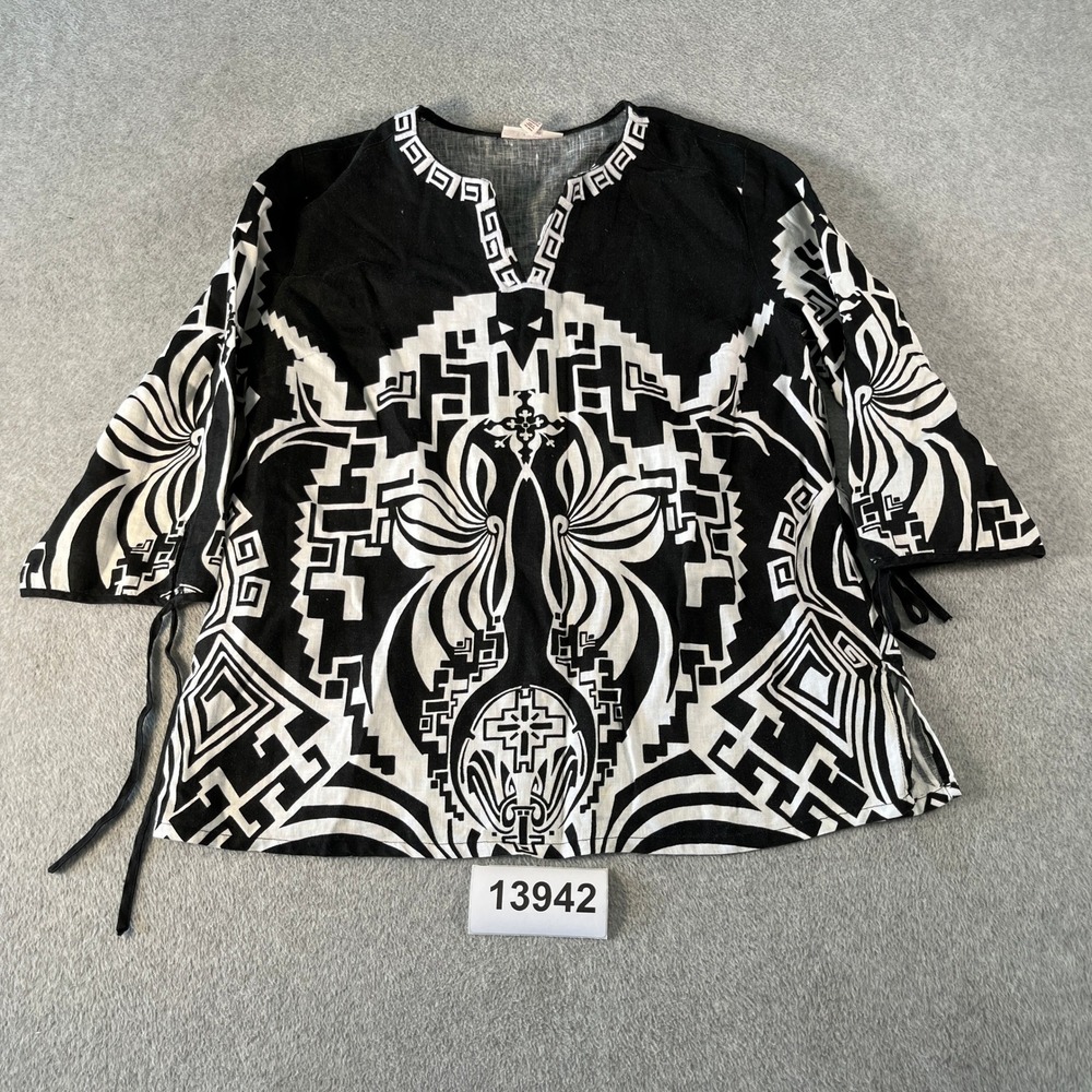 JM Collection Tunic Top Womens 18 Black White Tribal Print Linen Side Slit